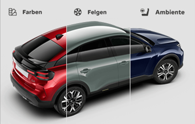 Ein Auto wird in drei Farbvarianten dargestellt: links in Rot, in der Mitte in Grau und rechts in Blau. Über dem Auto stehen die Wörter Farben, Felgen und Ambiente.